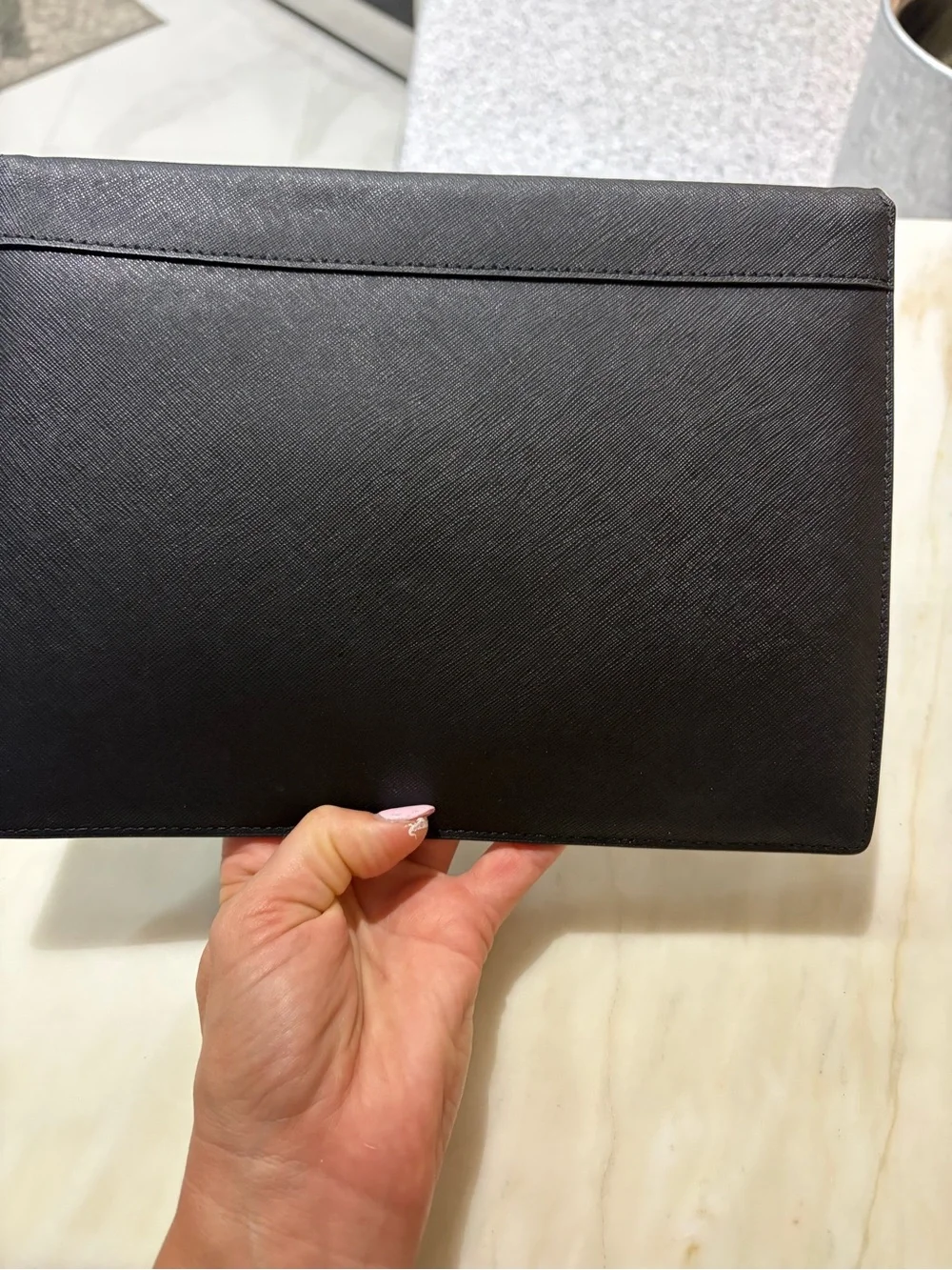 kate spade Black Envelope Clutch with Cream Trim and Gold Plaque
